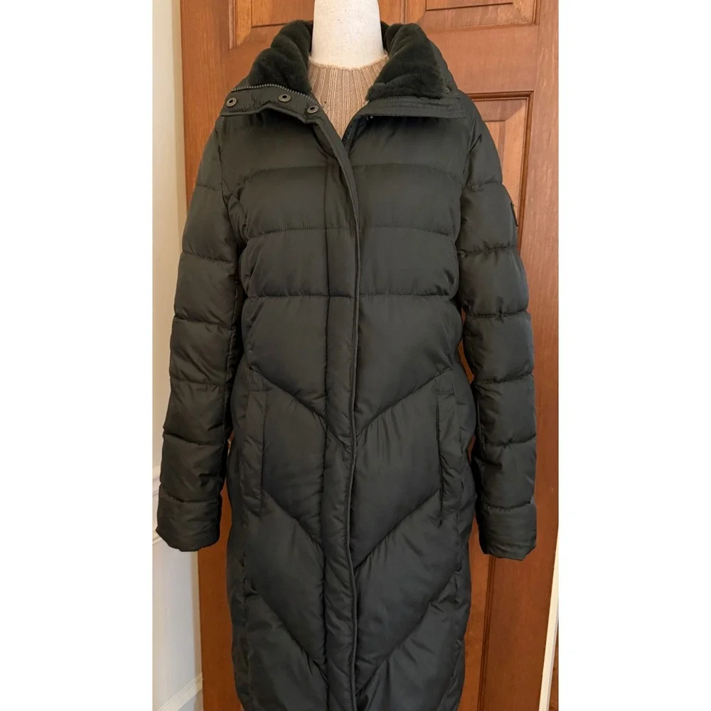 Larry Levine Faux-Fur Trimmed Parka Womens Medium Dark Green Insulated Coat‎